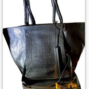 Christopher Kon Black Leather Tote Woven Details